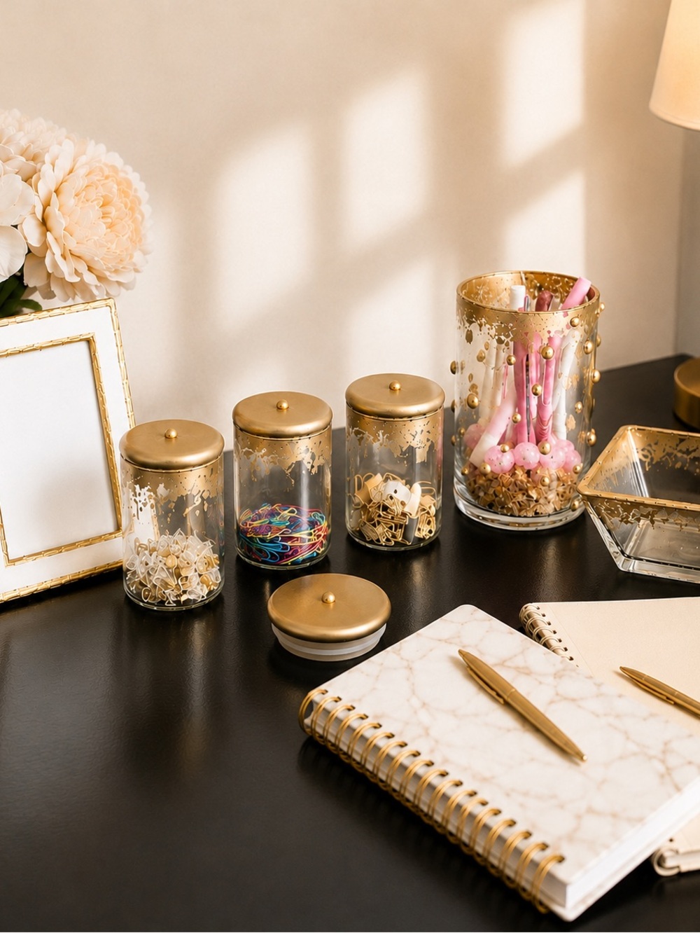 Gold & Glass Office Desk Organizer Set/ Glam Office Decor Set